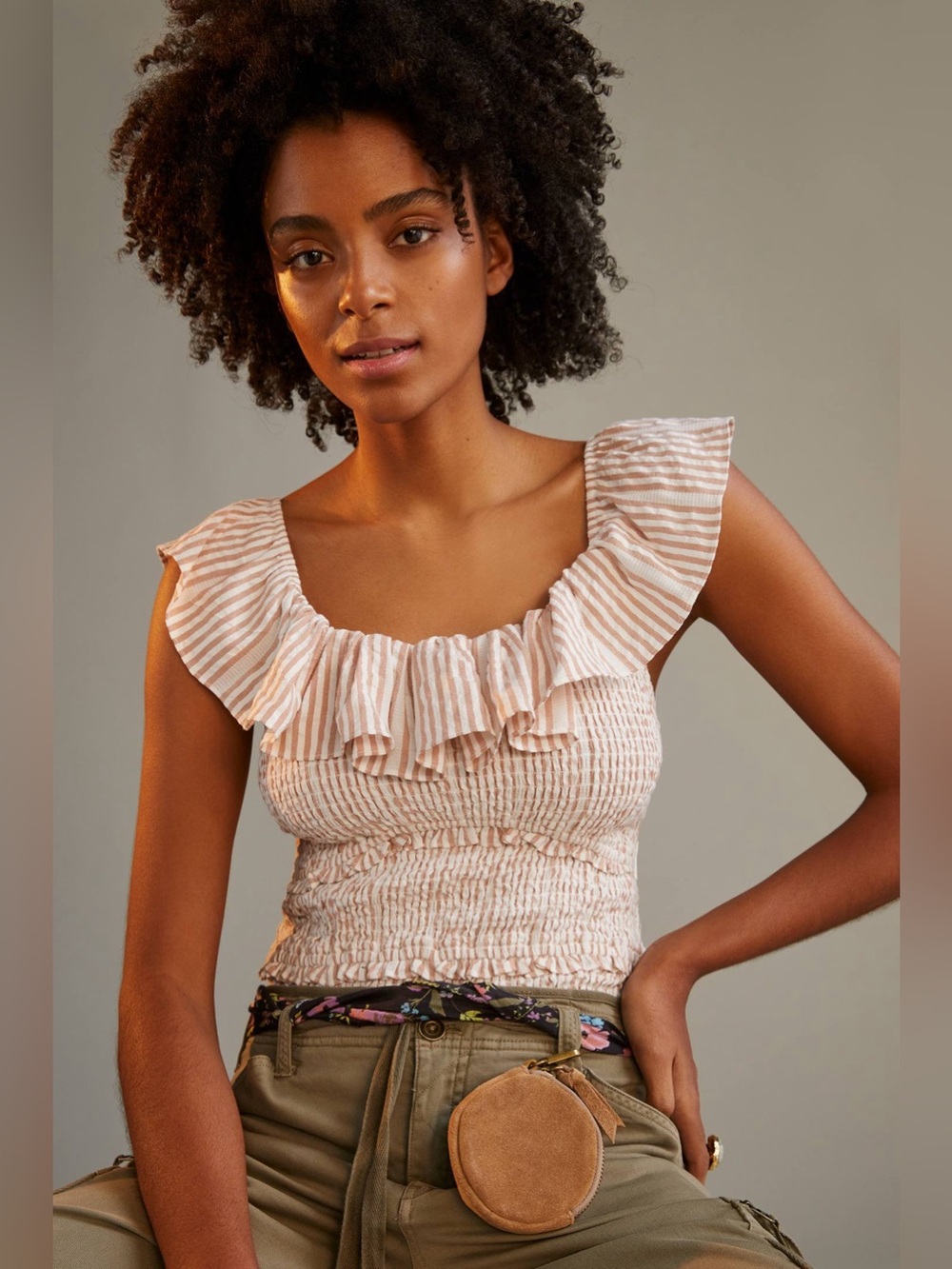 By Anthropologie Pink Striped Smocked Ruffle Tie Back Top | Size XS